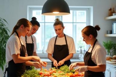 L'équipe de Livraison Fraîche préparant des repas sains dans une cuisine moderne